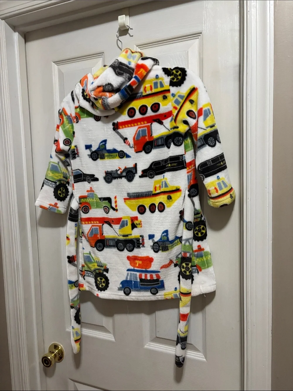 Kids' White Fleece Robe with Colorful Rescue Vehicle Print